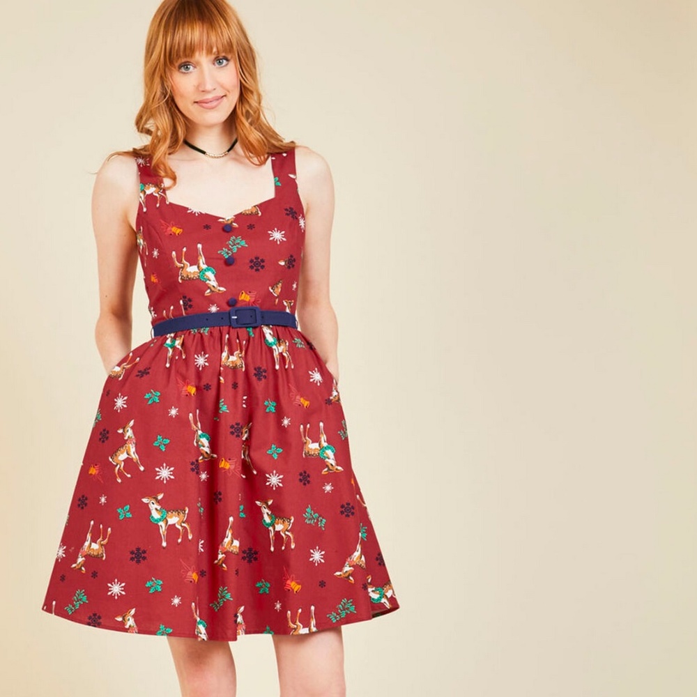 Red Modcloth Cheerful Caroling Cotton Mini Dress